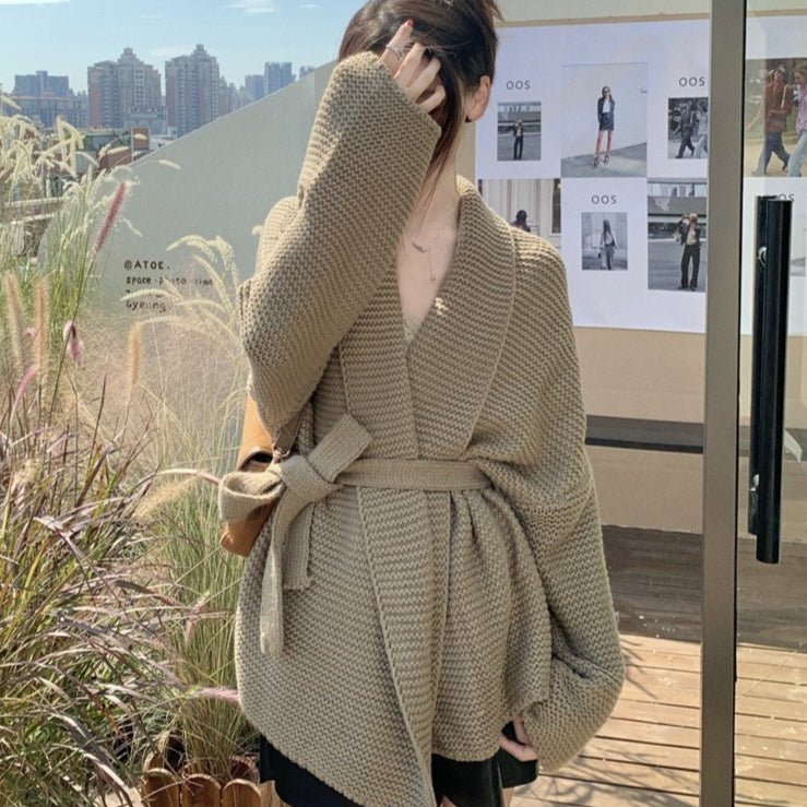 Waffle Knit Robe Cardigan | Belted Oversized Sweater Coat(MS198) - Mariam's Collection