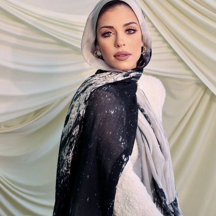 Watercolor Artistic Modal Hijab with Painted Floral Motifs (MH144) - Mariam's Collection
