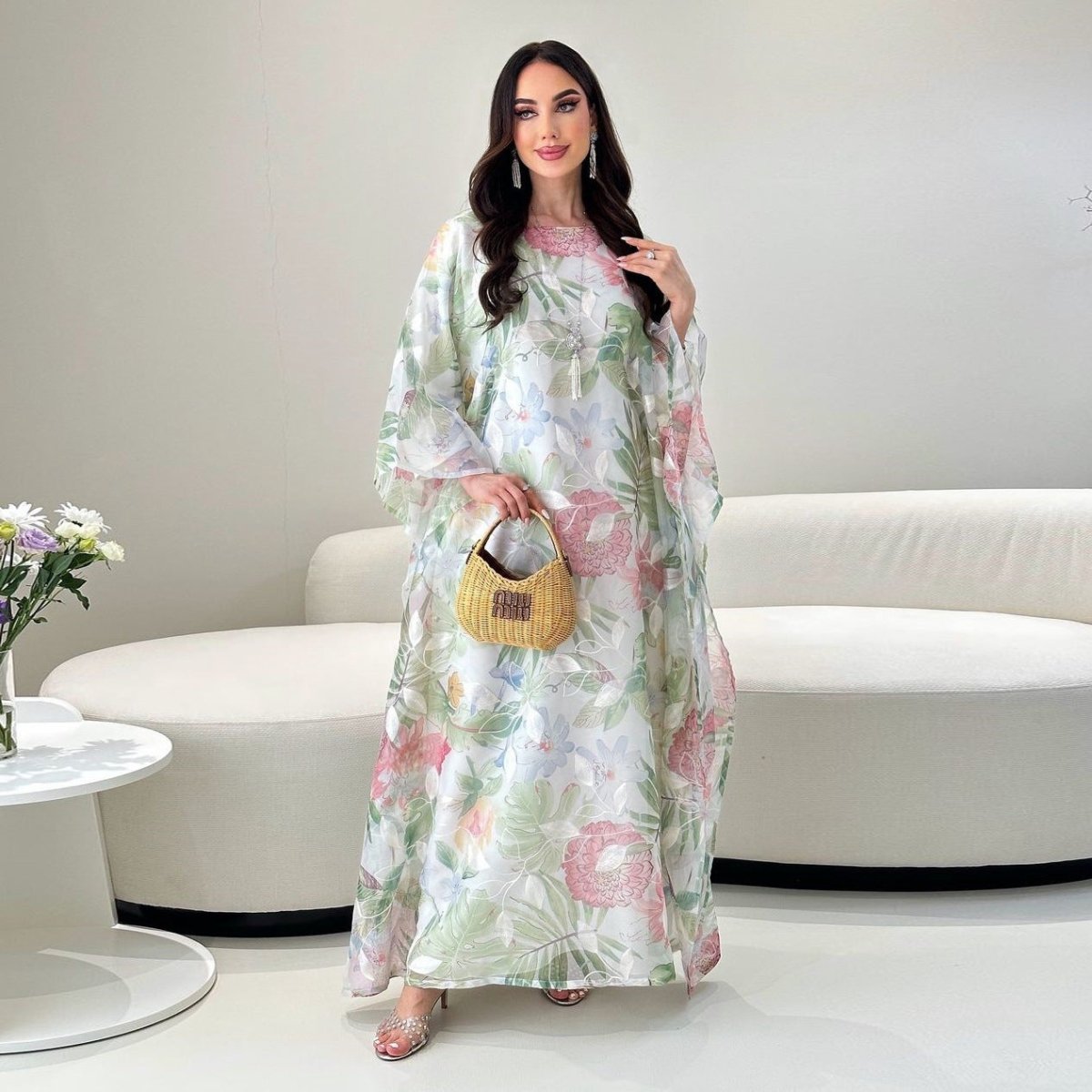 Watercolor Floral Kaftan Abaya | Batwing Sleeve Pullover Abaya