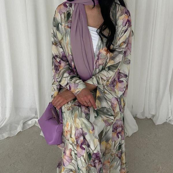 Watercolor Floral Print Abaya Set(MOA257) - Mariam's Collection