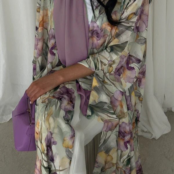 Watercolor Floral Print Abaya Set(MOA257) - Mariam's Collection