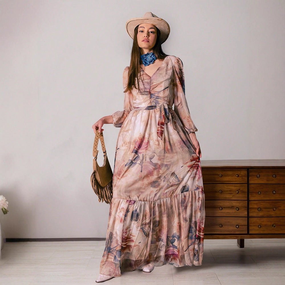 Watercolor Floral V-Neck Maxi Dress — Prairie Inspired Modest Floral Gown