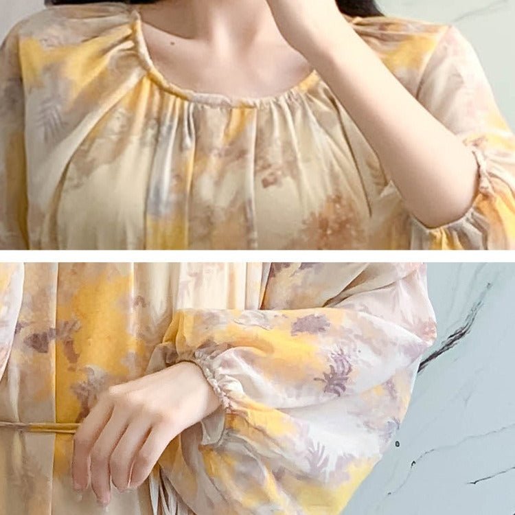 Watercolor Print Chiffon Maxi Dress | Long Sleeve Tiered Dress(MS270) - Mariam's Collection