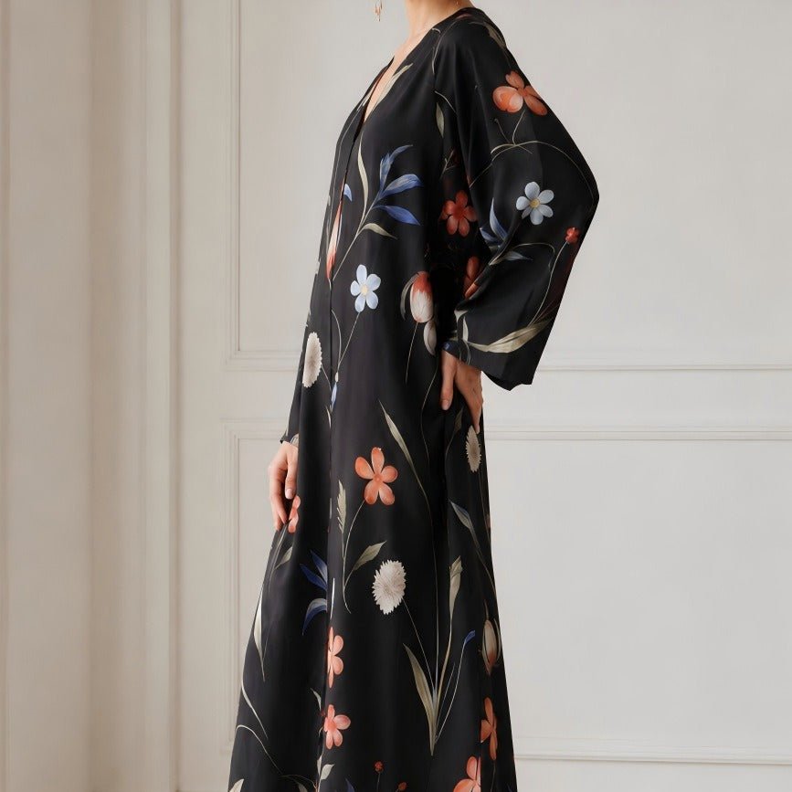 Watercolour Botanical Print Flared-Sleeve Open Abaya(MOA337) - Mariam's Collection