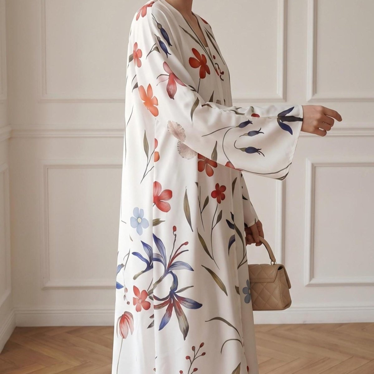 Watercolour Botanical Print Flared-Sleeve Open Abaya(MOA337) - Mariam's Collection