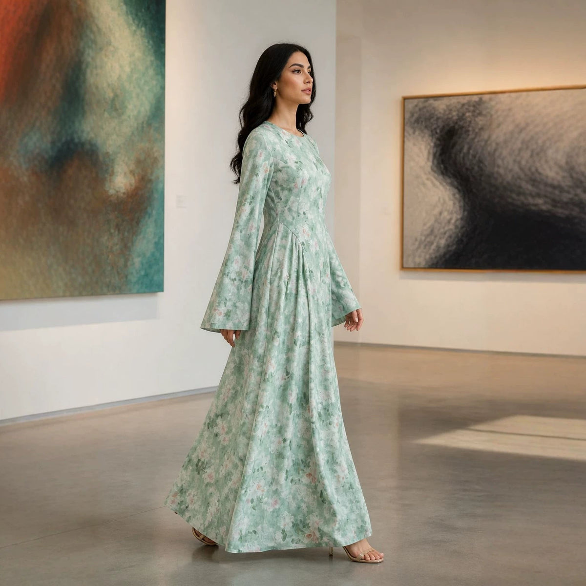 Watercolour Floral Maxi Dress – Bell Sleeve Flared Maxi Dress