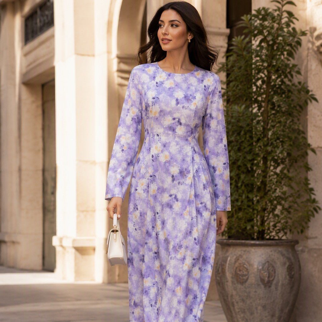 Front view of watercolour floral print modest maxi dress in lavender
