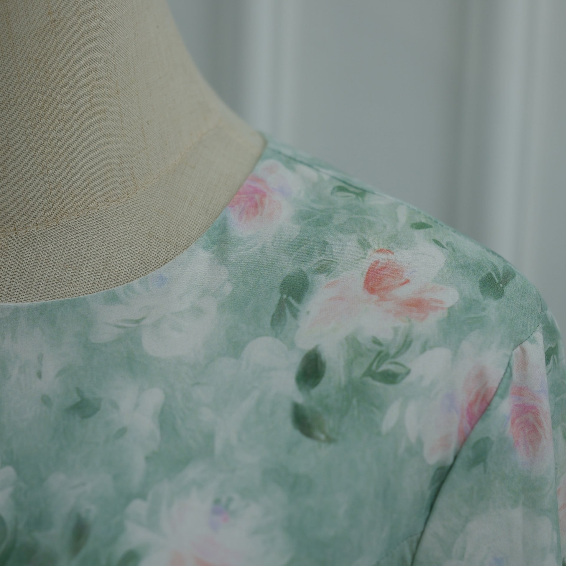 Full back view of modest floral print maxi dress with lace-up waist