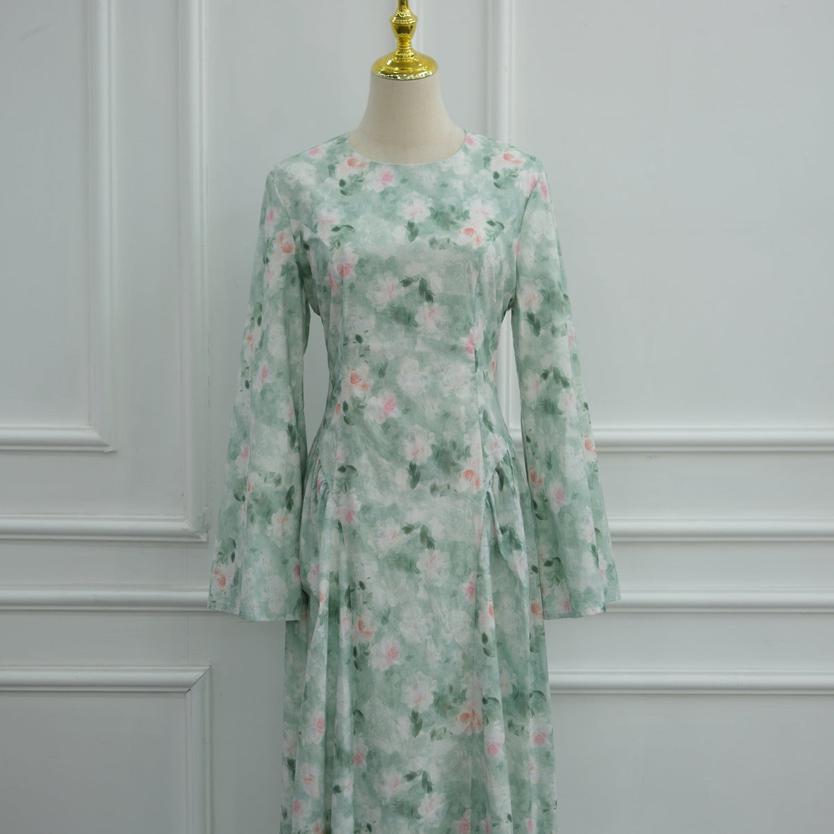 Back corset lace-up trailing cord detail on watercolour floral maxi dress