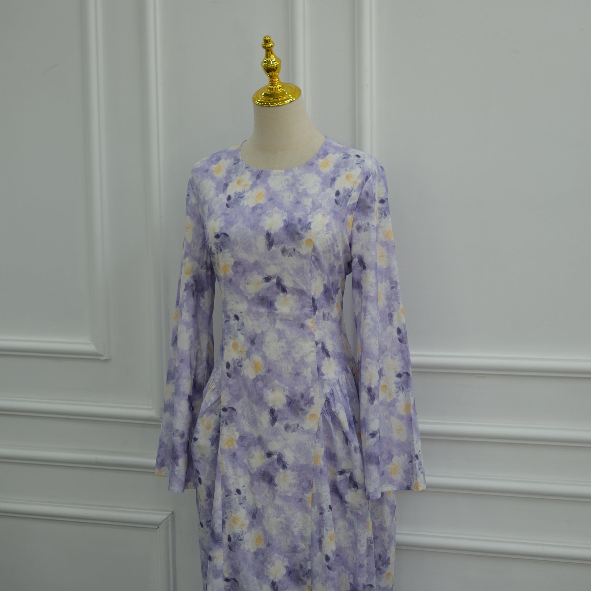Princess-line bodice seam detail on watercolour floral maxi dress