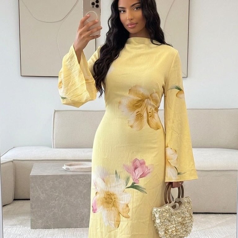 Watercolour Floral Washed-Crinkle Wide-Sleeve Maxi Dress(MS473) - Mariam's Collection