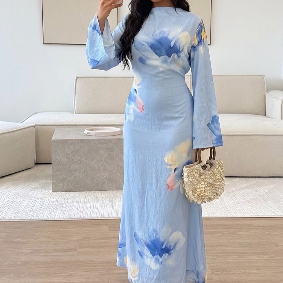 Watercolour Floral Washed-Crinkle Wide-Sleeve Maxi Dress(MS473) - Mariam's Collection