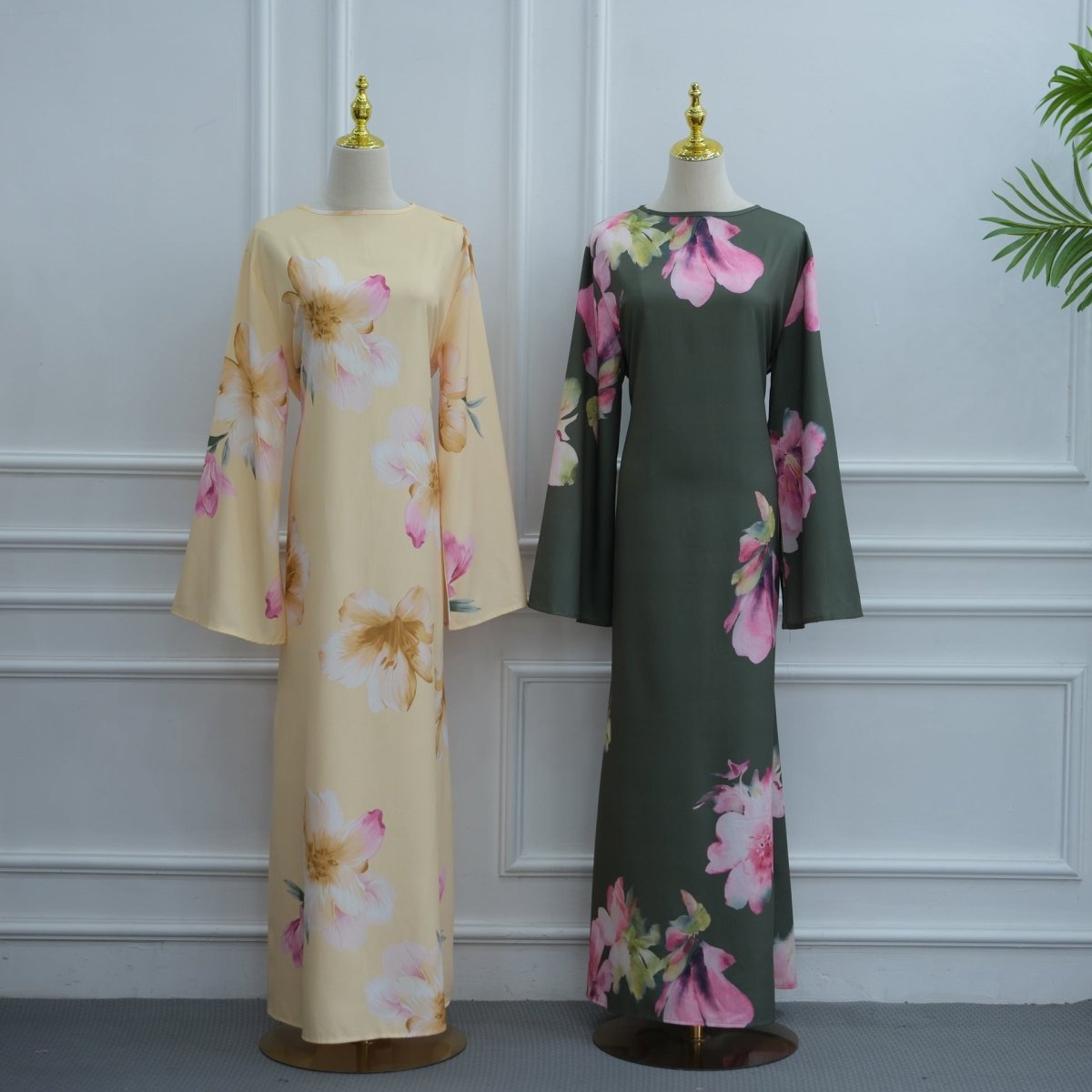 Watercolour Floral Washed-Crinkle Wide-Sleeve Maxi Dress(MS473) - Mariam's Collection