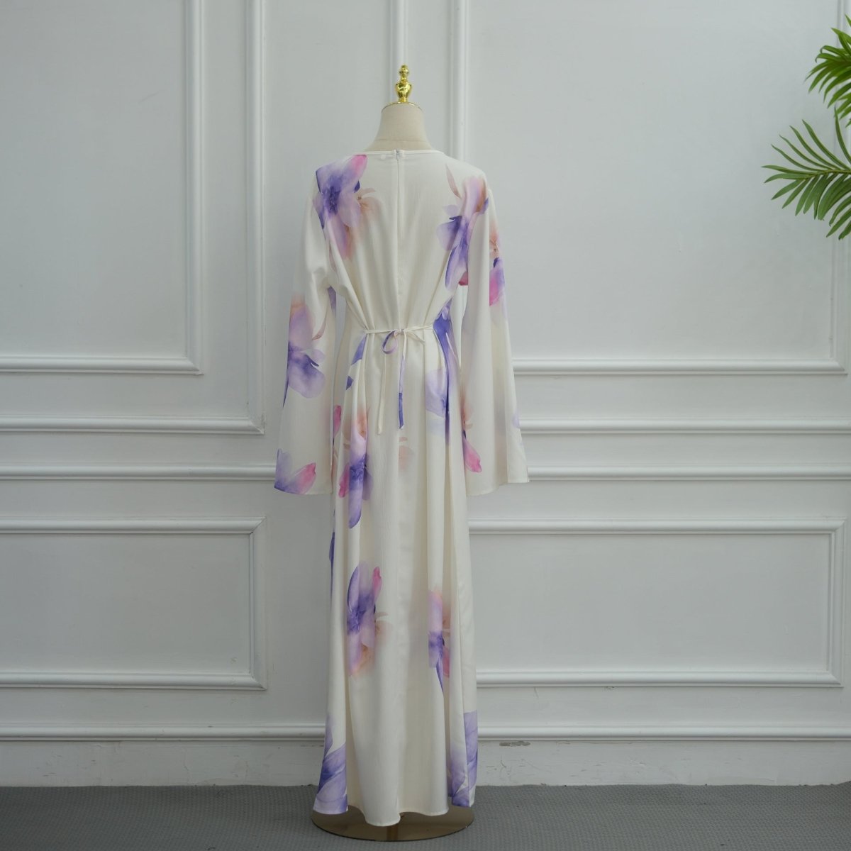 Watercolour Floral Washed-Crinkle Wide-Sleeve Maxi Dress(MS473) - Mariam's Collection