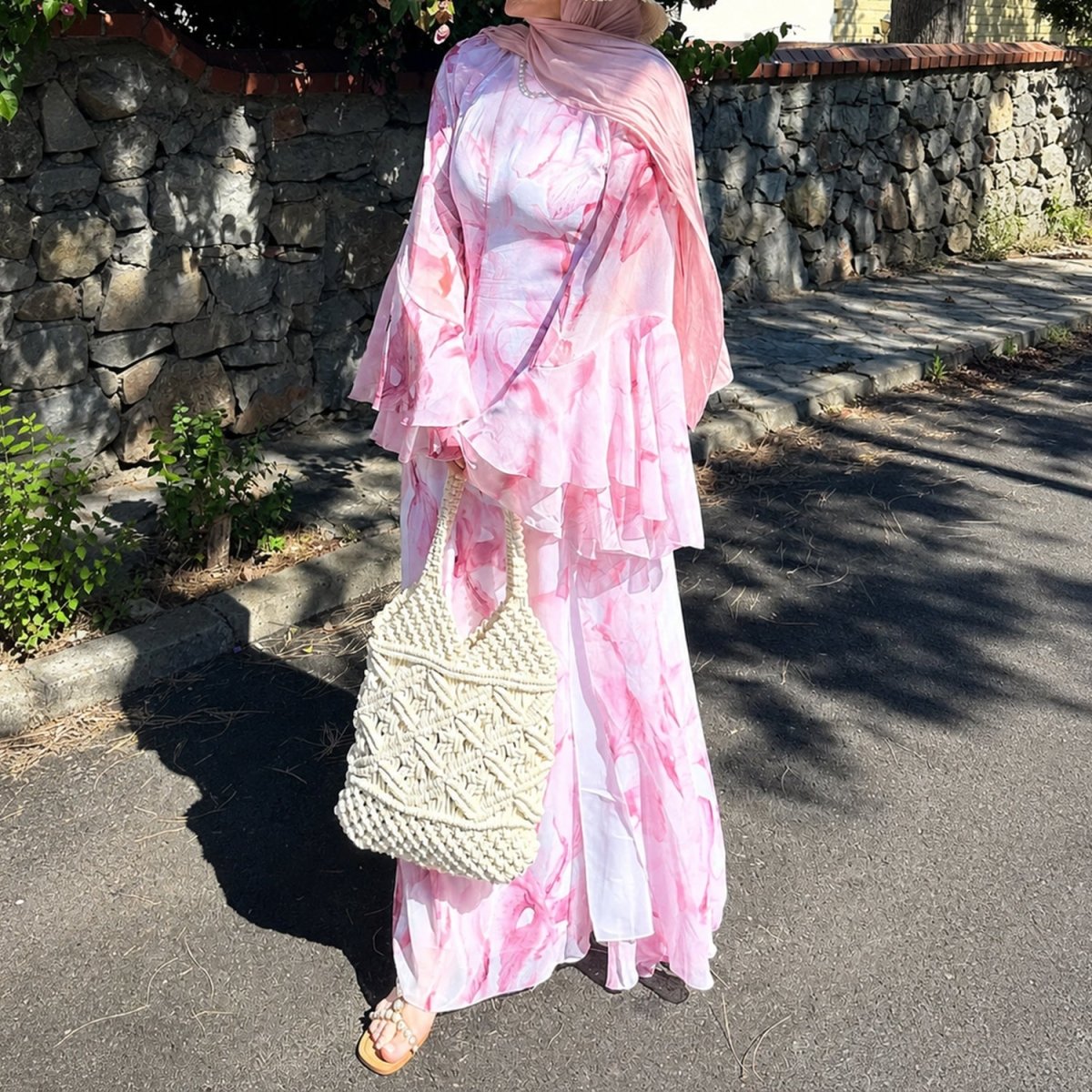 Watercolour Print Double-Layer Flared-Sleeve Maxi Dress(MA479) - Mariam's Collection