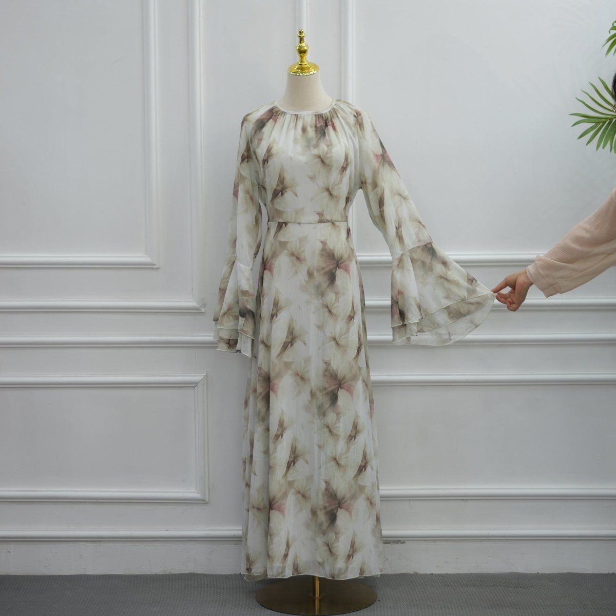 Watercolour Print Double-Layer Flared-Sleeve Maxi Dress(MA479) - Mariam's Collection
