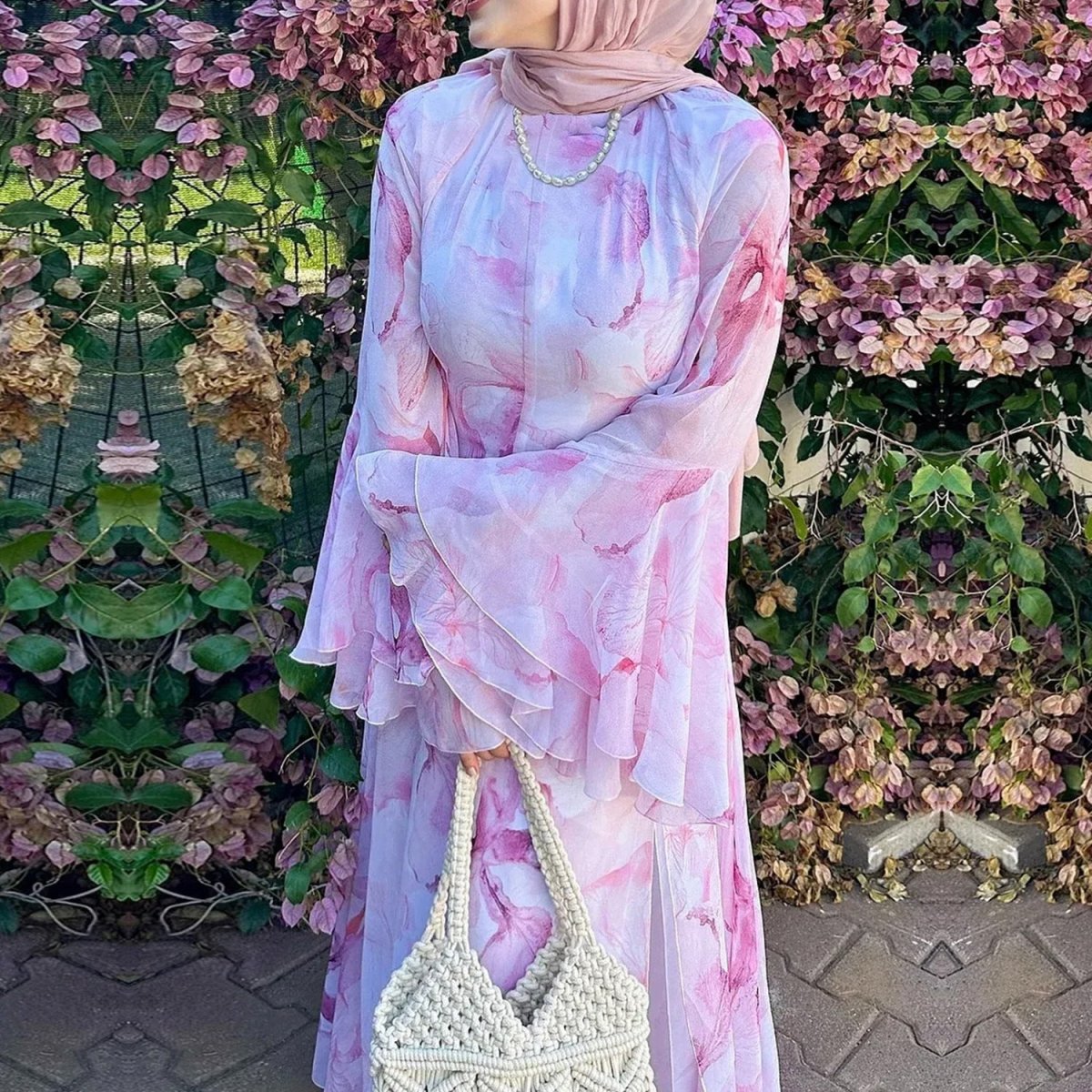 Watercolour Print Double-Layer Flared-Sleeve Maxi Dress(MA479) - Mariam's Collection