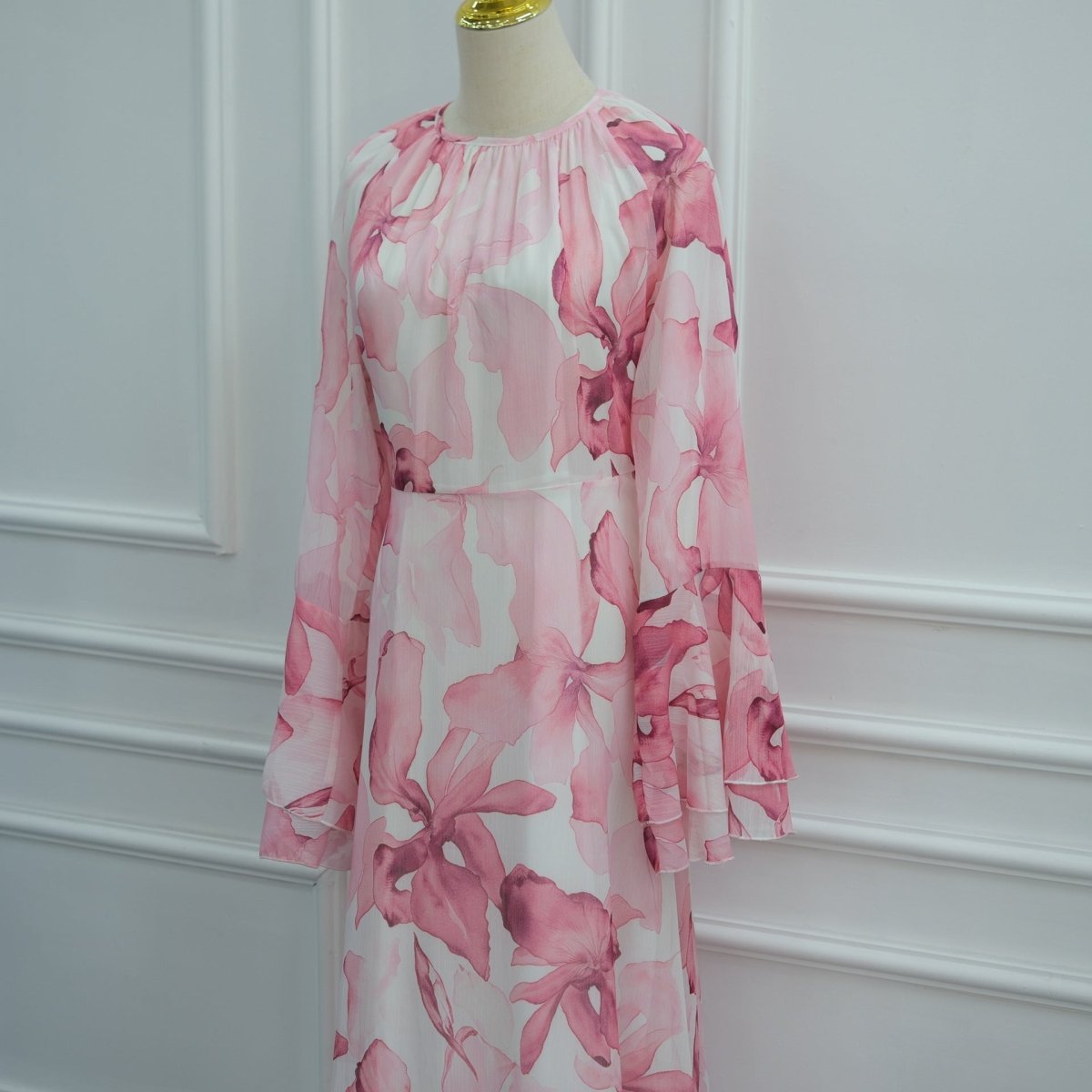 Watercolour Print Double-Layer Flared-Sleeve Maxi Dress(MA479) - Mariam's Collection