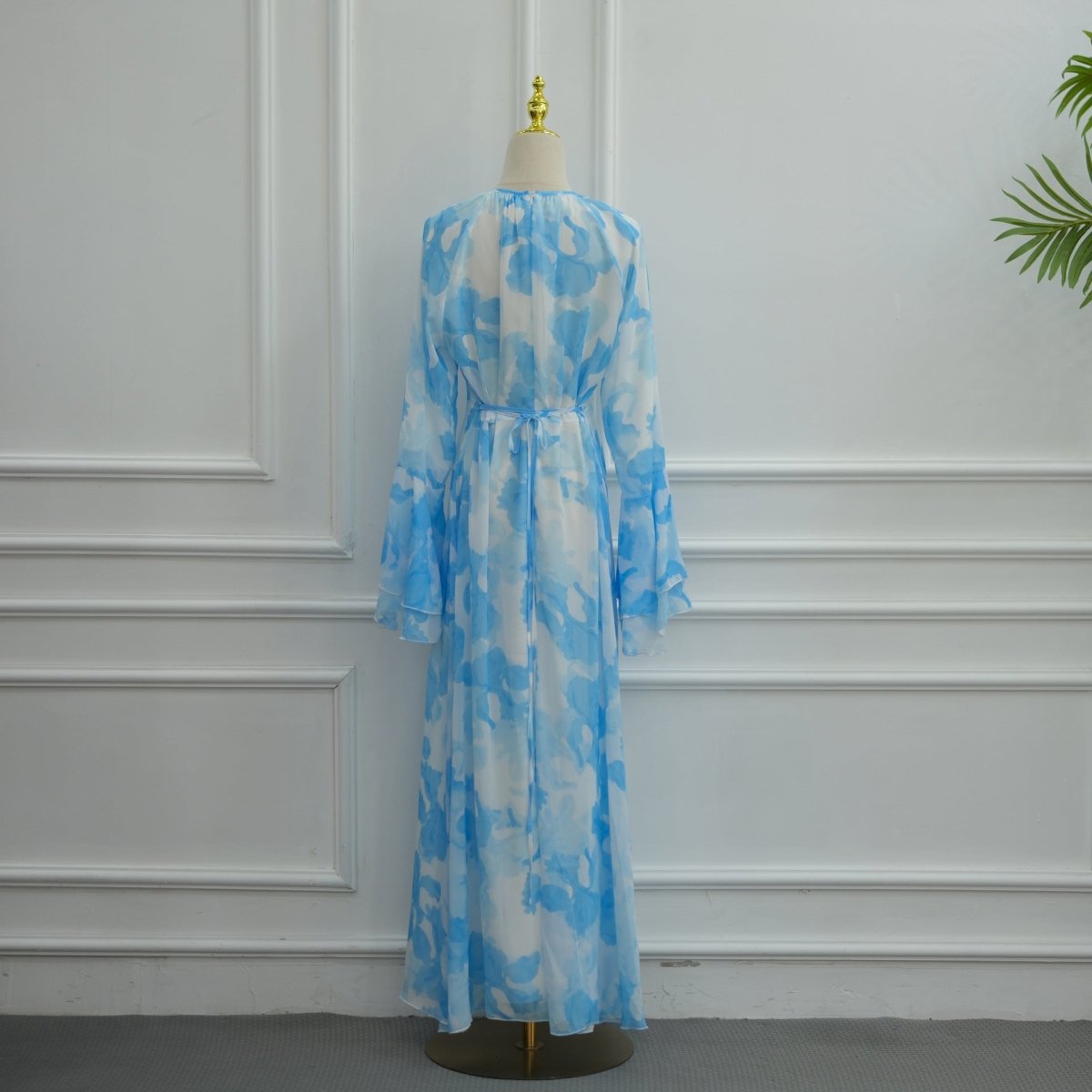Watercolour Print Double-Layer Flared-Sleeve Maxi Dress(MA479) - Mariam's Collection