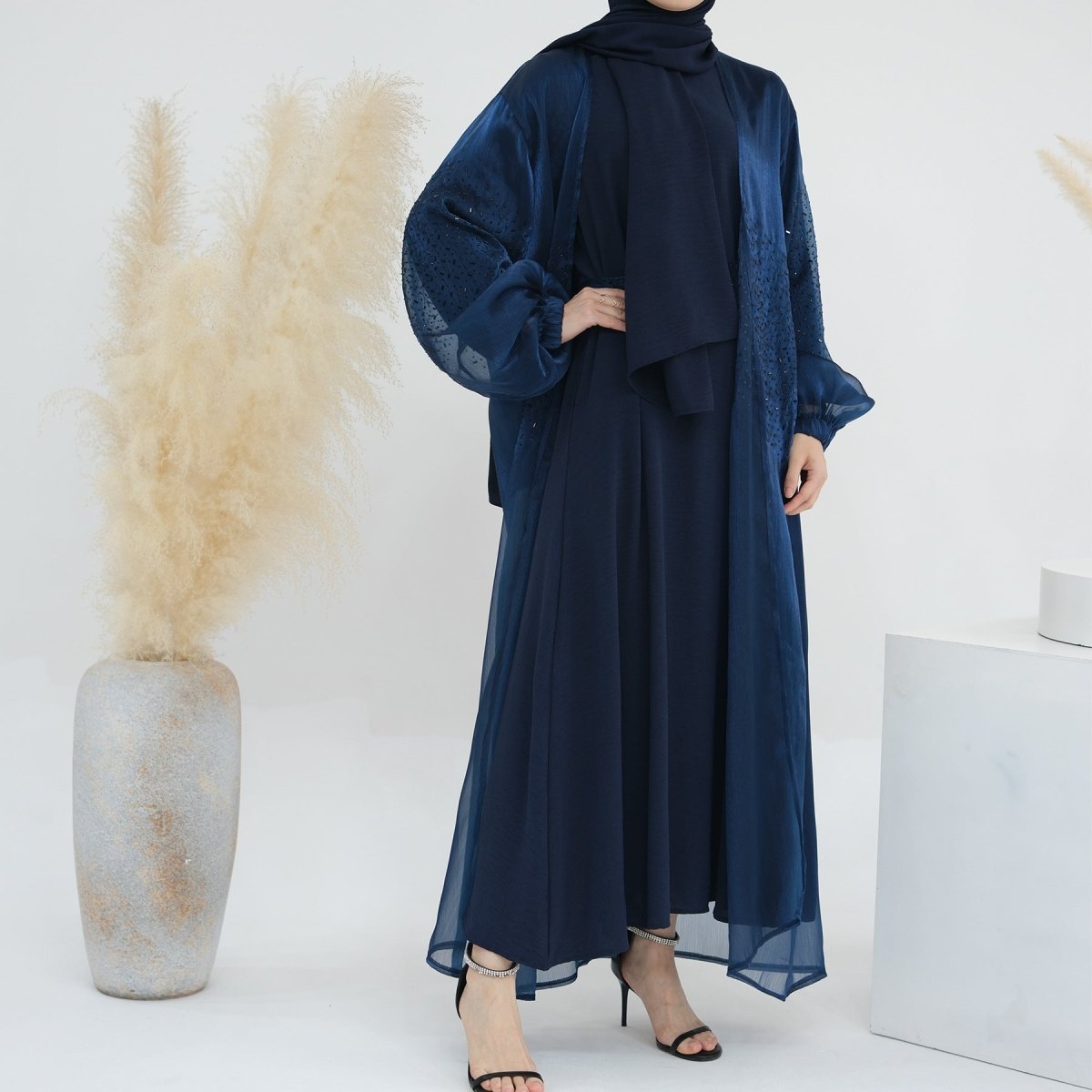 Wave Bubble Sleeve Abaya 4 - Piece Set (MOA057) - Mariam's Collection