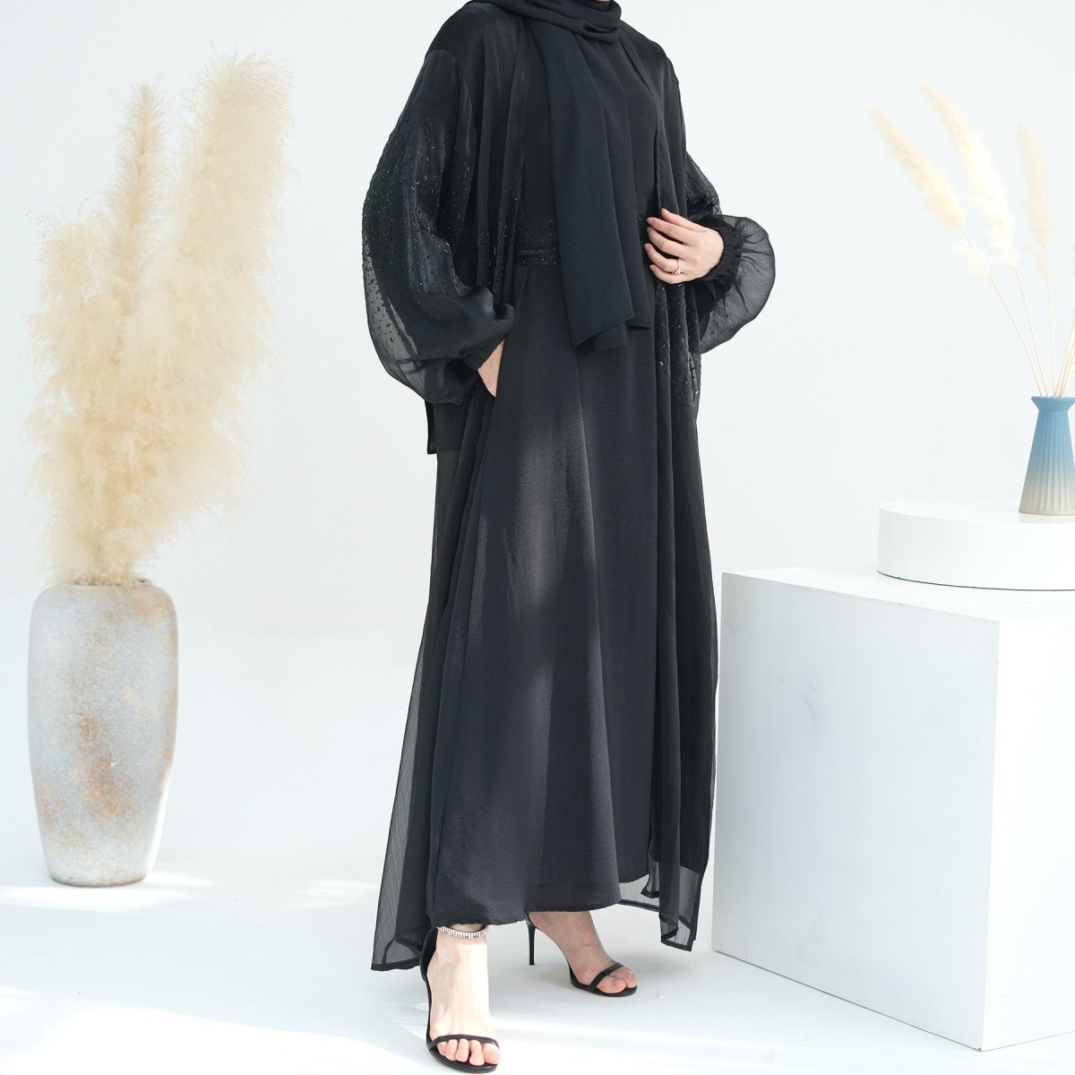 Wave Bubble Sleeve Abaya 4 - Piece Set (MOA057) - Mariam's Collection
