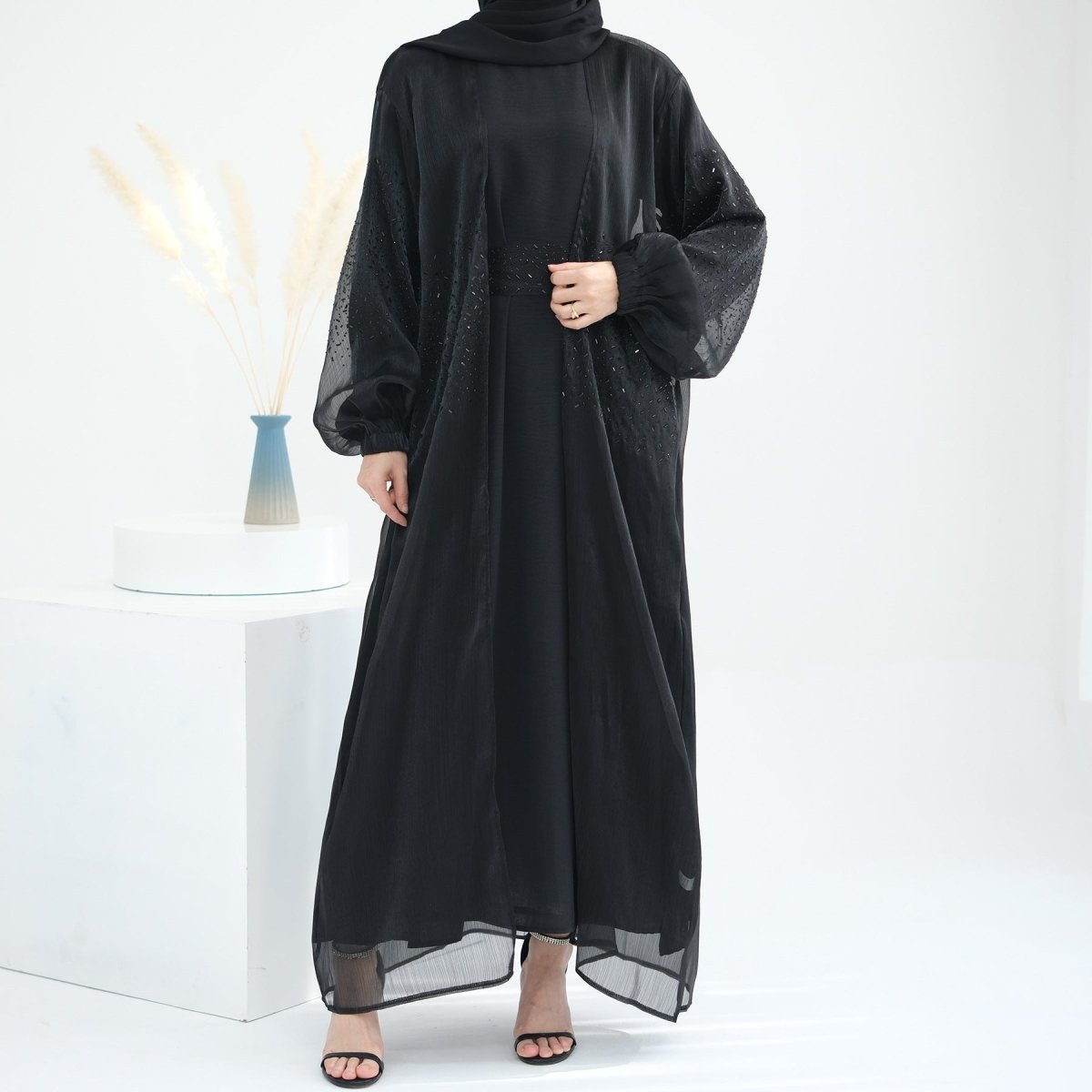 Wave Bubble Sleeve Abaya 4 - Piece Set (MOA057) - Mariam's Collection