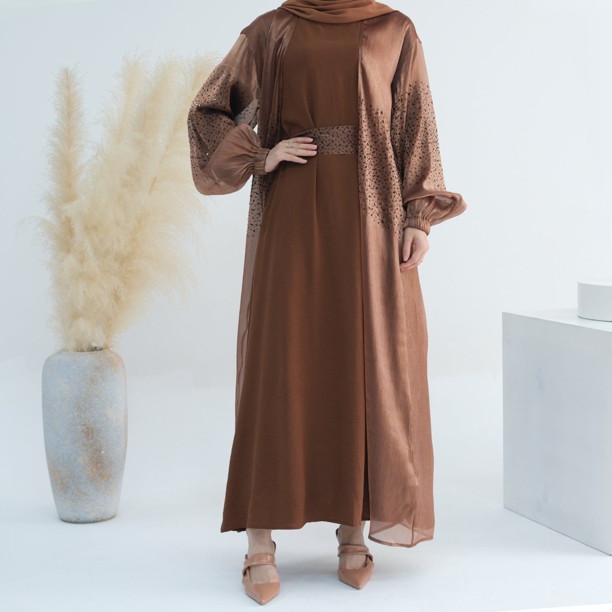 Wave Bubble Sleeve Abaya 4 - Piece Set (MOA057) - Mariam's Collection
