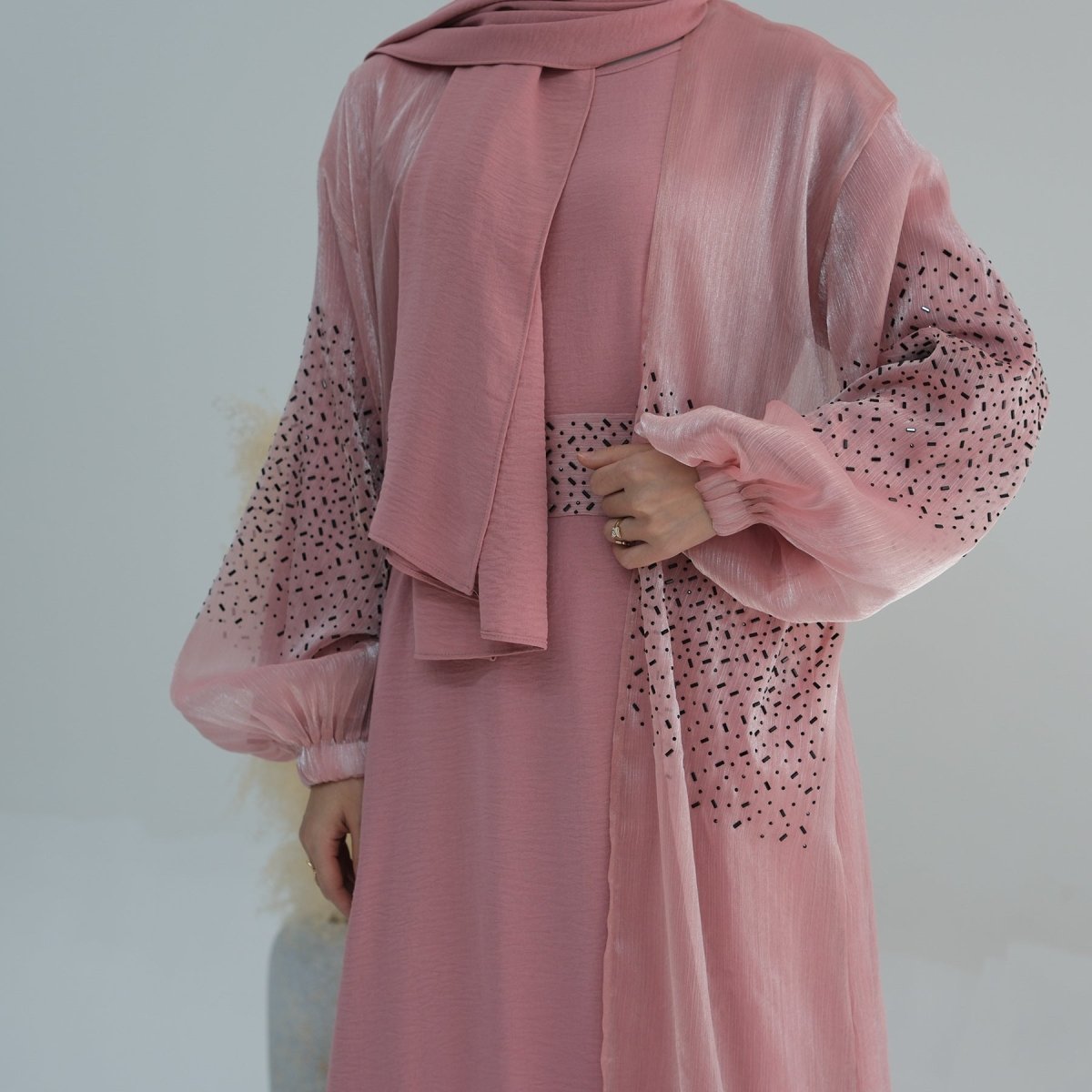 Wave Bubble Sleeve Abaya 4 - Piece Set (MOA057) - Mariam's Collection