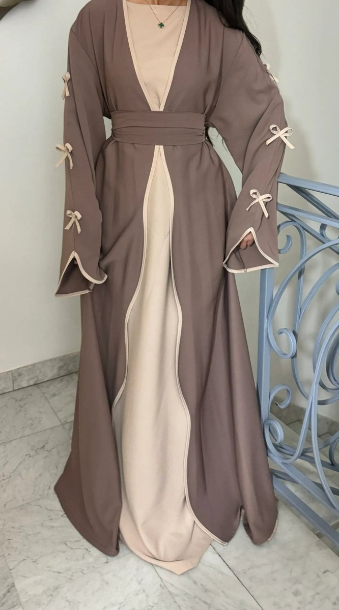 Wavy Edge Bow Embellished Open Abaya (MOA133) - Mariam's Collection
