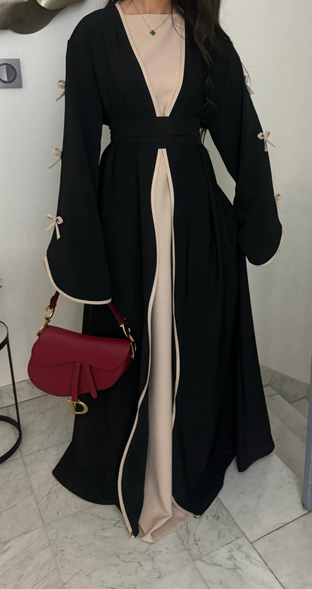 Wavy Edge Bow Embellished Open Abaya (MOA133) - Mariam's Collection