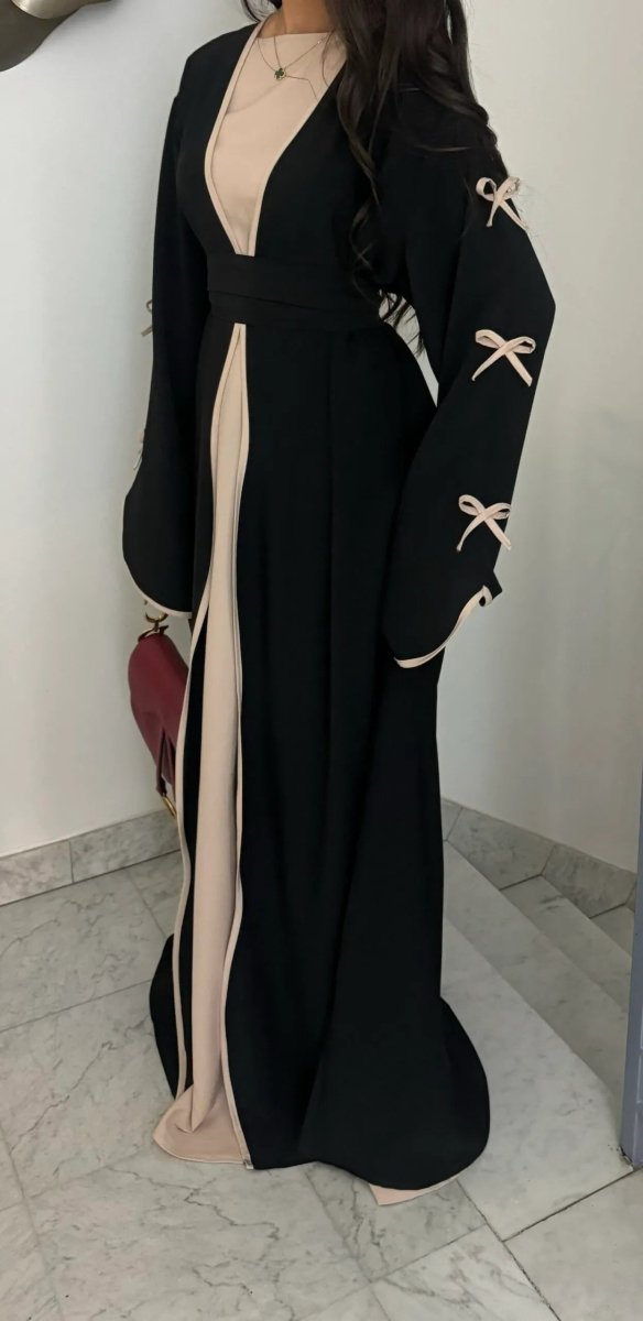 Wavy Edge Bow Embellished Open Abaya (MOA133) - Mariam's Collection