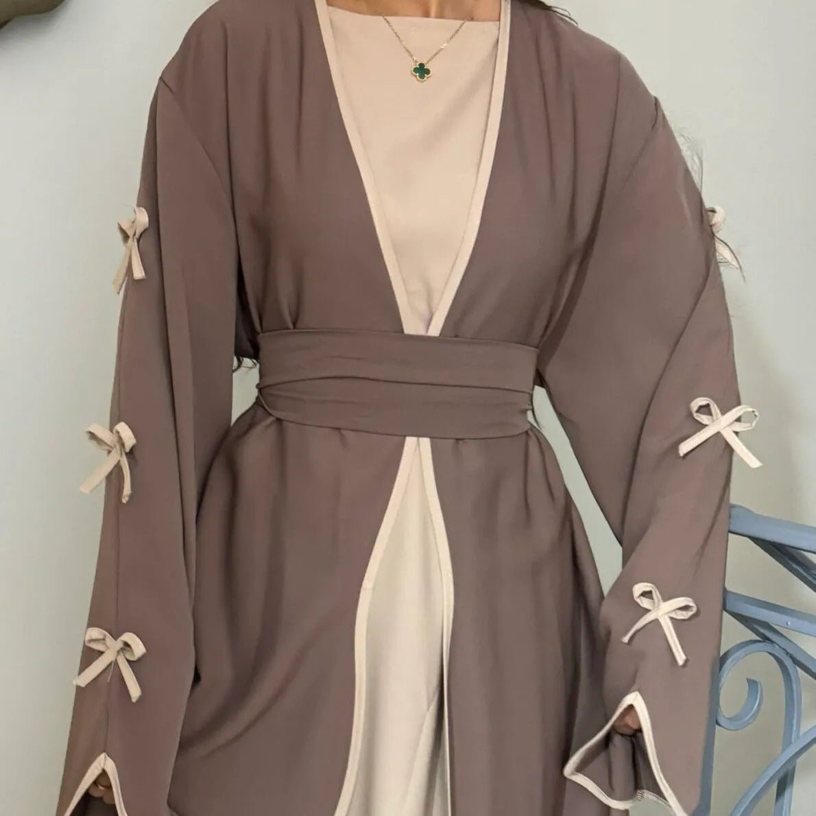 Wavy Edge Bow Embellished Open Abaya (MOA133) - Mariam's Collection