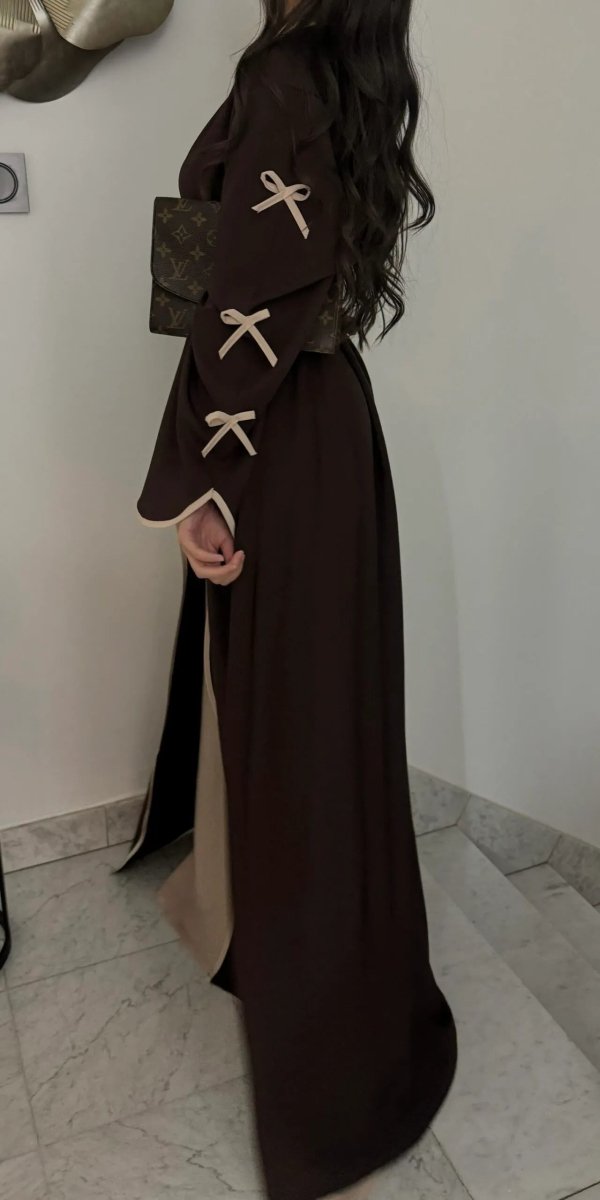 Wavy Edge Bow Embellished Open Abaya (MOA133) - Mariam's Collection