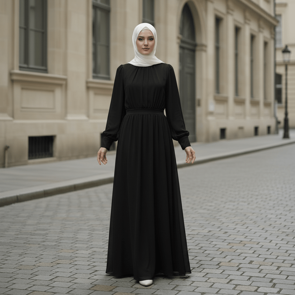 White Chiffon Princess Dress Abaya with Lantern Sleeves | Elegant Spring Fairy Swing French Court-Style Abaya (MA180) - Mariam's Collection