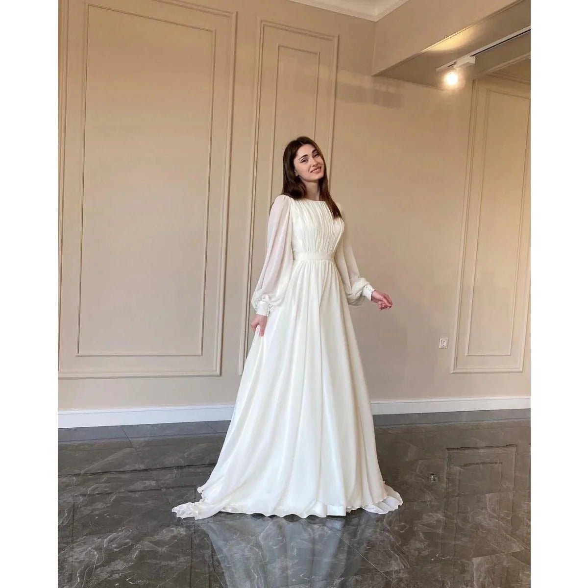 White Chiffon Princess Dress Abaya with Lantern Sleeves | Elegant Spring Fairy Swing French Court - Style Abaya (MA180) - Mariam's Collection