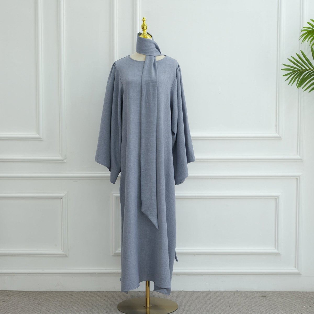Wide Sleeve Textured Twill Blend Abaya with Belt(MA333) - Mariam's Collection