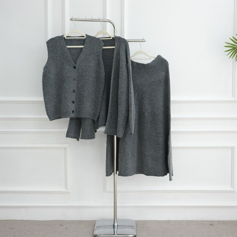 Winter Stretch Knit Three - Piece Set | Cardigan Vest & Skirt Ensemble(MS122) - Mariam's Collection