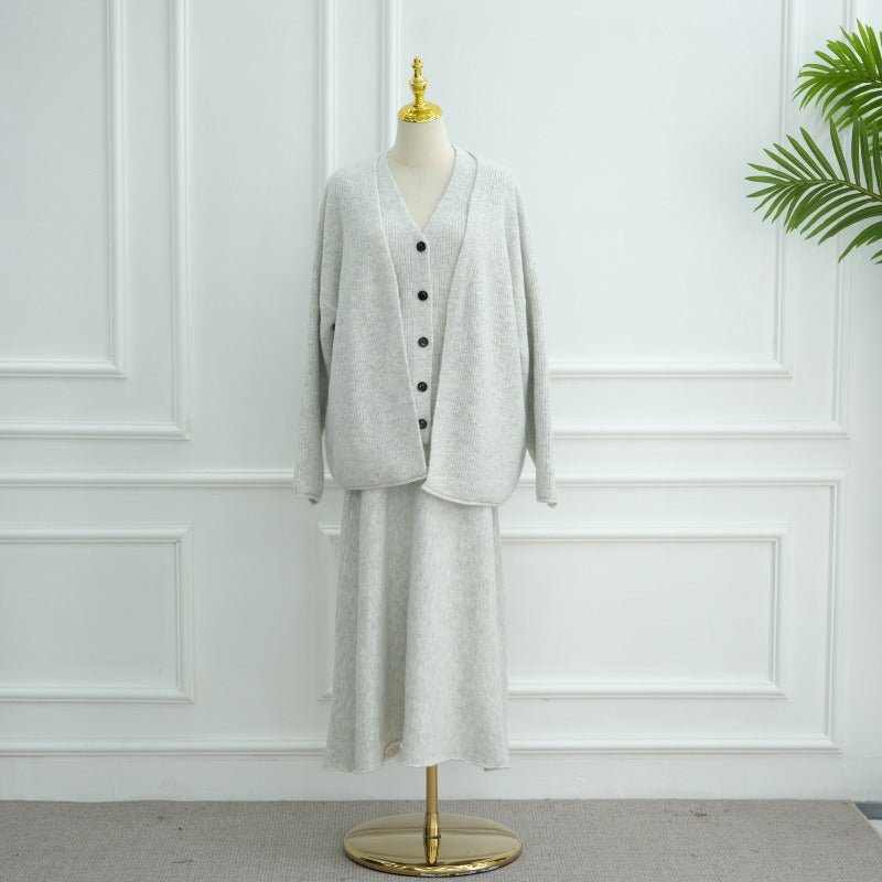 Winter Stretch Knit Three - Piece Set | Cardigan Vest & Skirt Ensemble(MS122) - Mariam's Collection