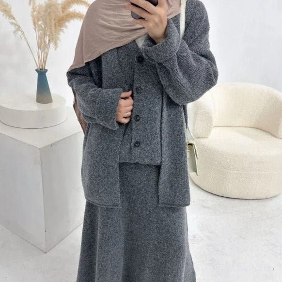 Winter Stretch Knit Three - Piece Set | Cardigan Vest & Skirt Ensemble(MS122) - Mariam's Collection