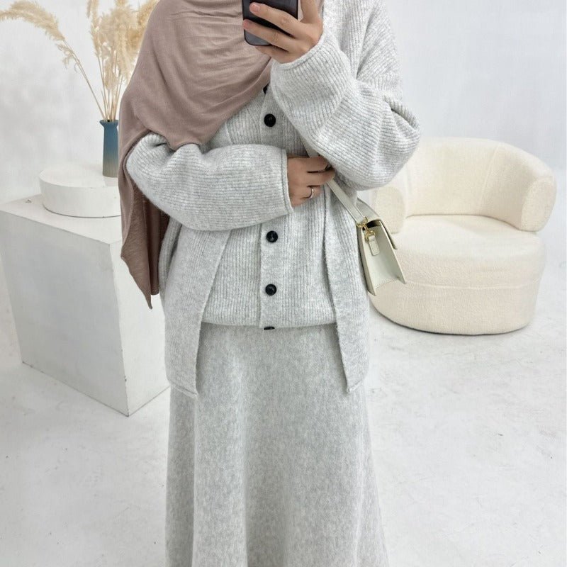 Winter Stretch Knit Three - Piece Set | Cardigan Vest & Skirt Ensemble(MS122) - Mariam's Collection