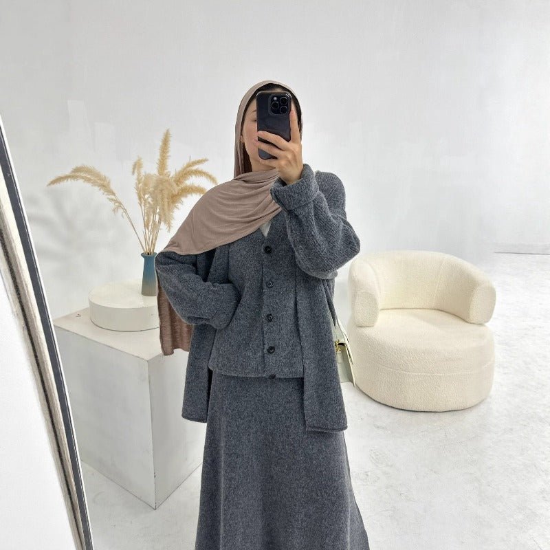 Winter Stretch Knit Three - Piece Set | Cardigan Vest & Skirt Ensemble(MS122) - Mariam's Collection