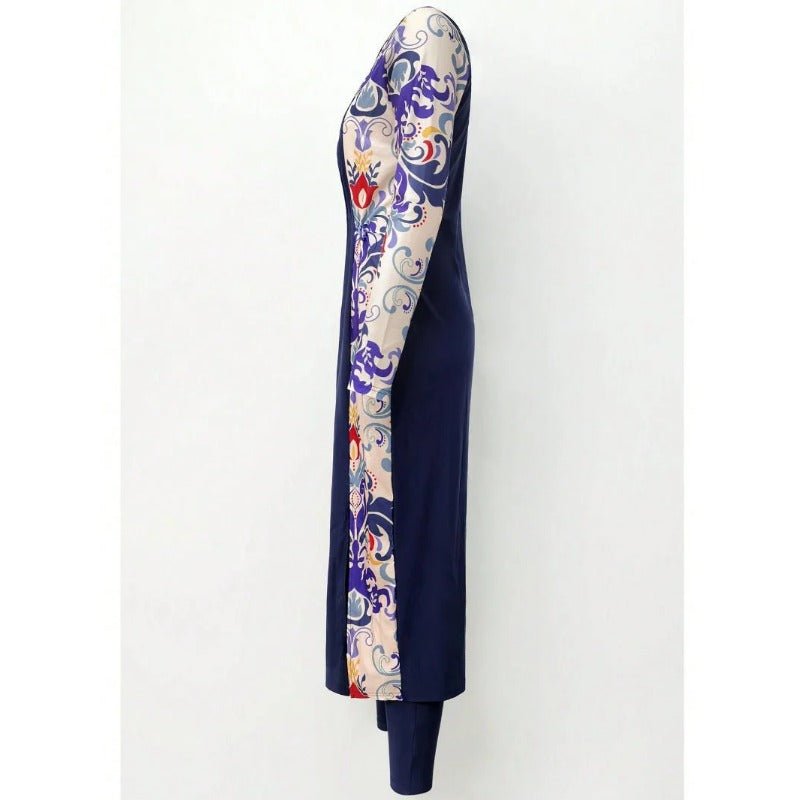 Women's 3 - Piece Printed Splicing Modest Burkini Set, Including Top, Bottoms And Covering, Suitable For Swimming Pool, Beach, Surfing And Sun Protection. (MB018) - Mariam's Collection