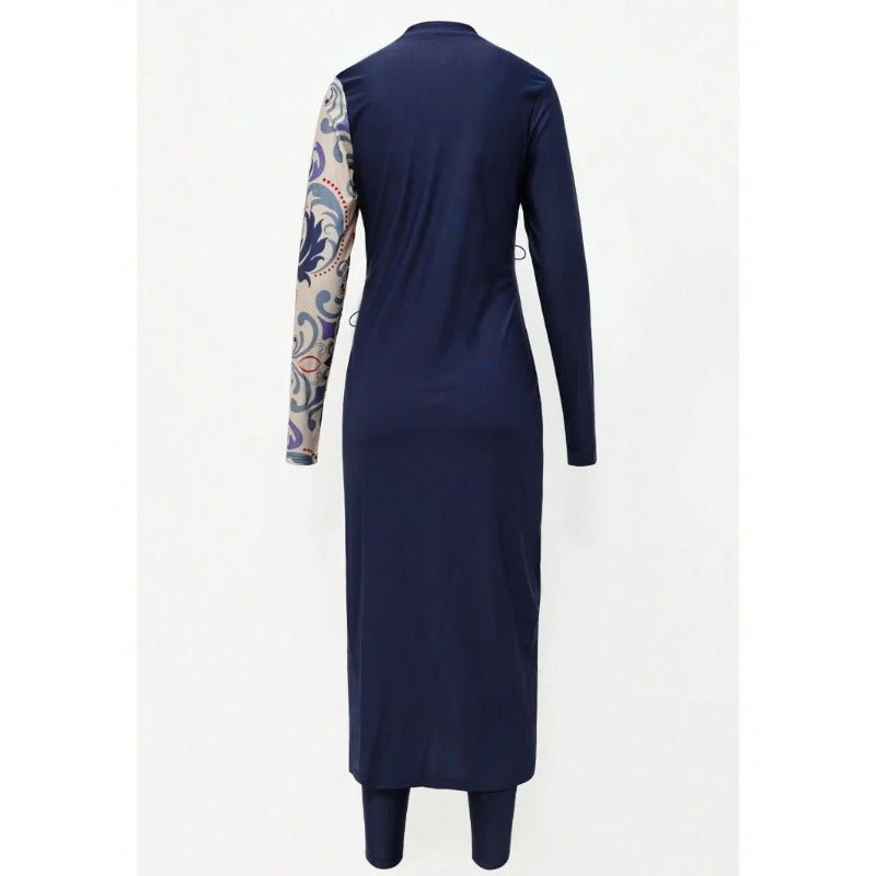 Women's 3 - Piece Printed Splicing Modest Burkini Set, Including Top, Bottoms And Covering, Suitable For Swimming Pool, Beach, Surfing And Sun Protection. (MB018) - Mariam's Collection