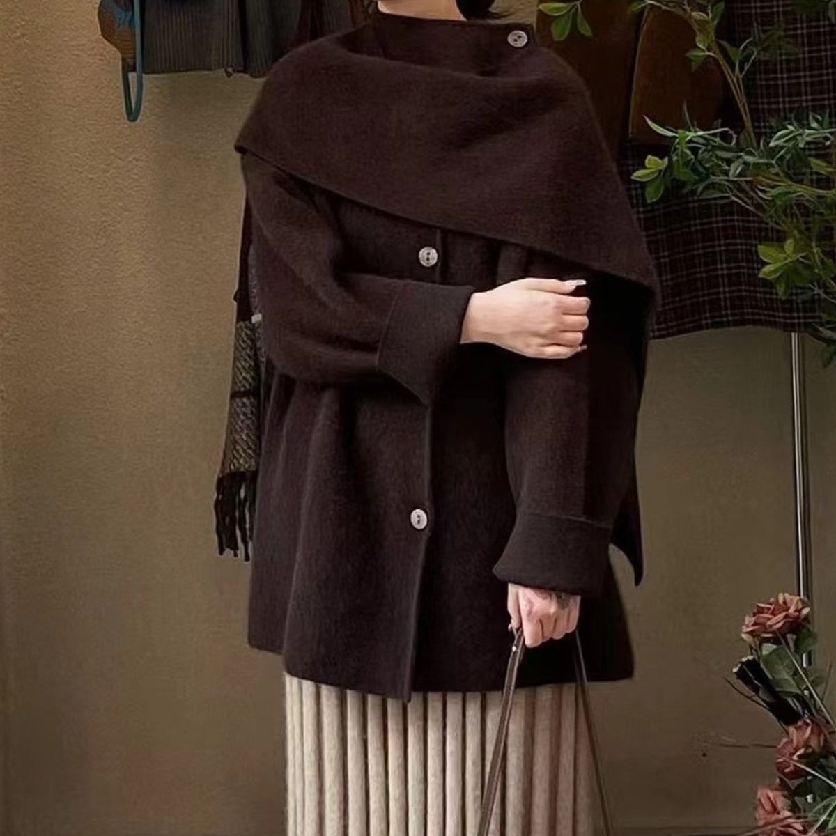 Wool Blend Cape Collar Coat | Mid - Length Button - Front Winter Jacket(MS191) - Mariam's Collection