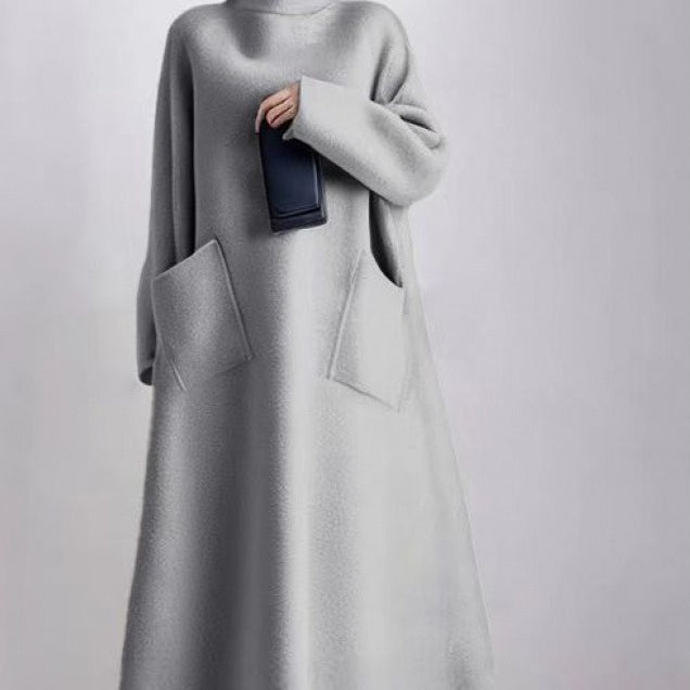 Wool Blend Turtleneck Coat Dress | Oversized Maxi Dress with Pockets(MS237) - Mariam's Collection