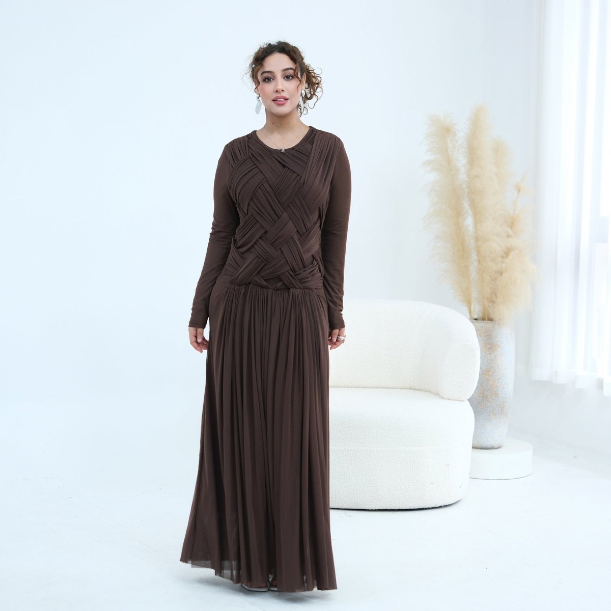 Full outfit view of woven cross-strap bodice mesh maxi dress in elegant pose