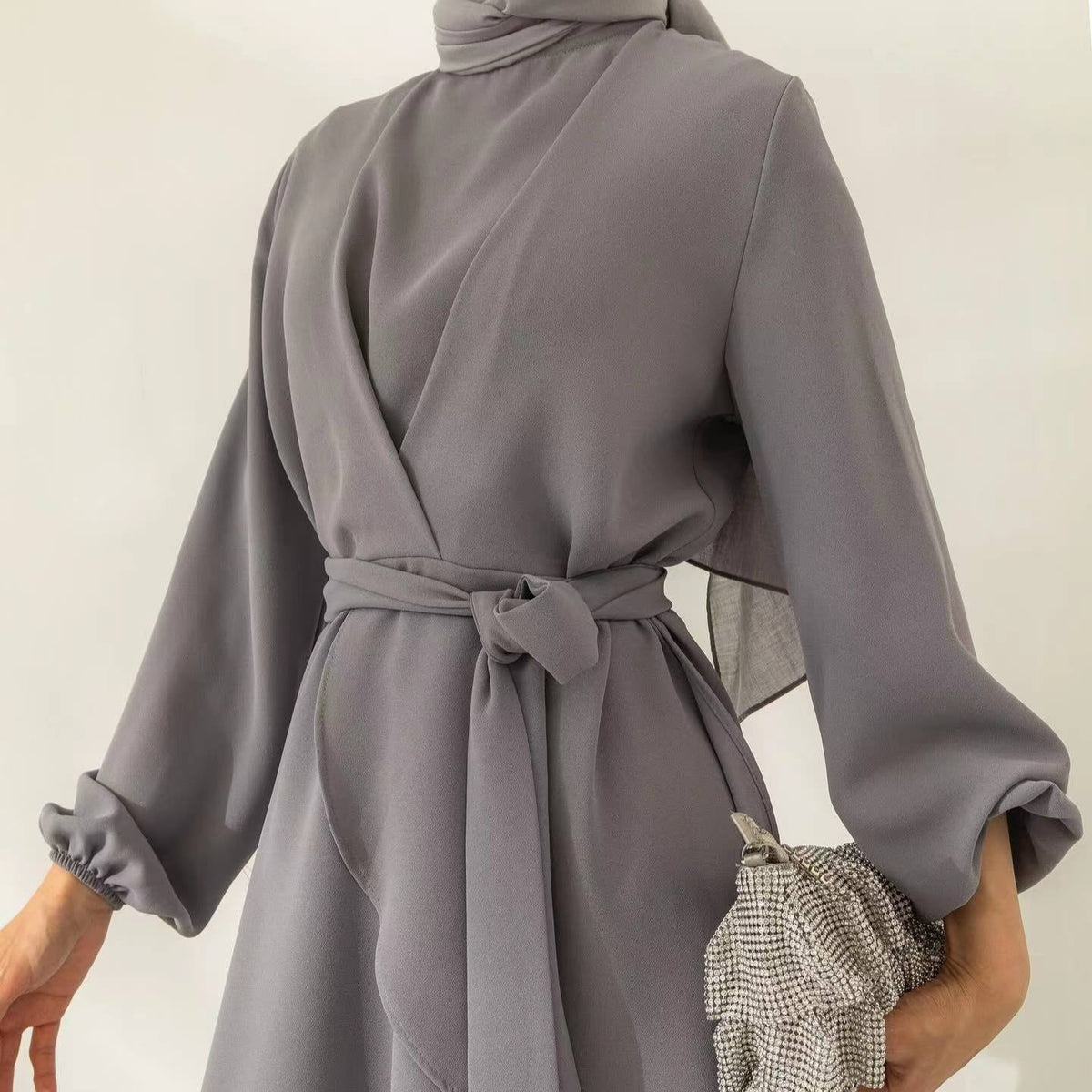 Back view of wrap V-neck modest co-ord set showing fluid drape and silhouette