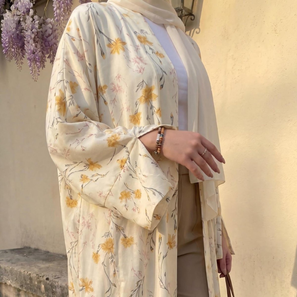 Yellow Floral Print Tie-Cuff Open Abaya(MOA342) - Mariam's Collection