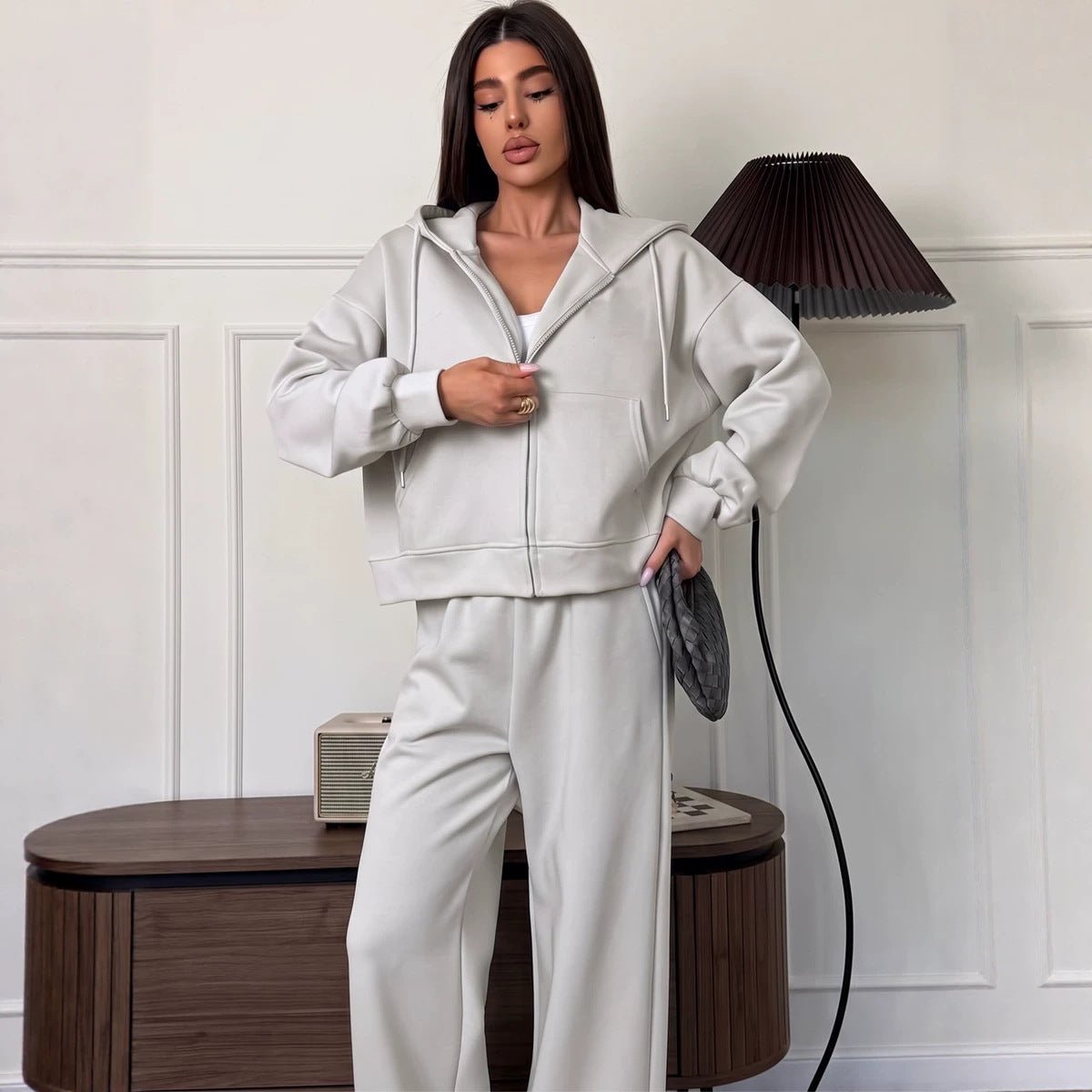 Cropped zip-up hoodie with voluminous drawstring hood