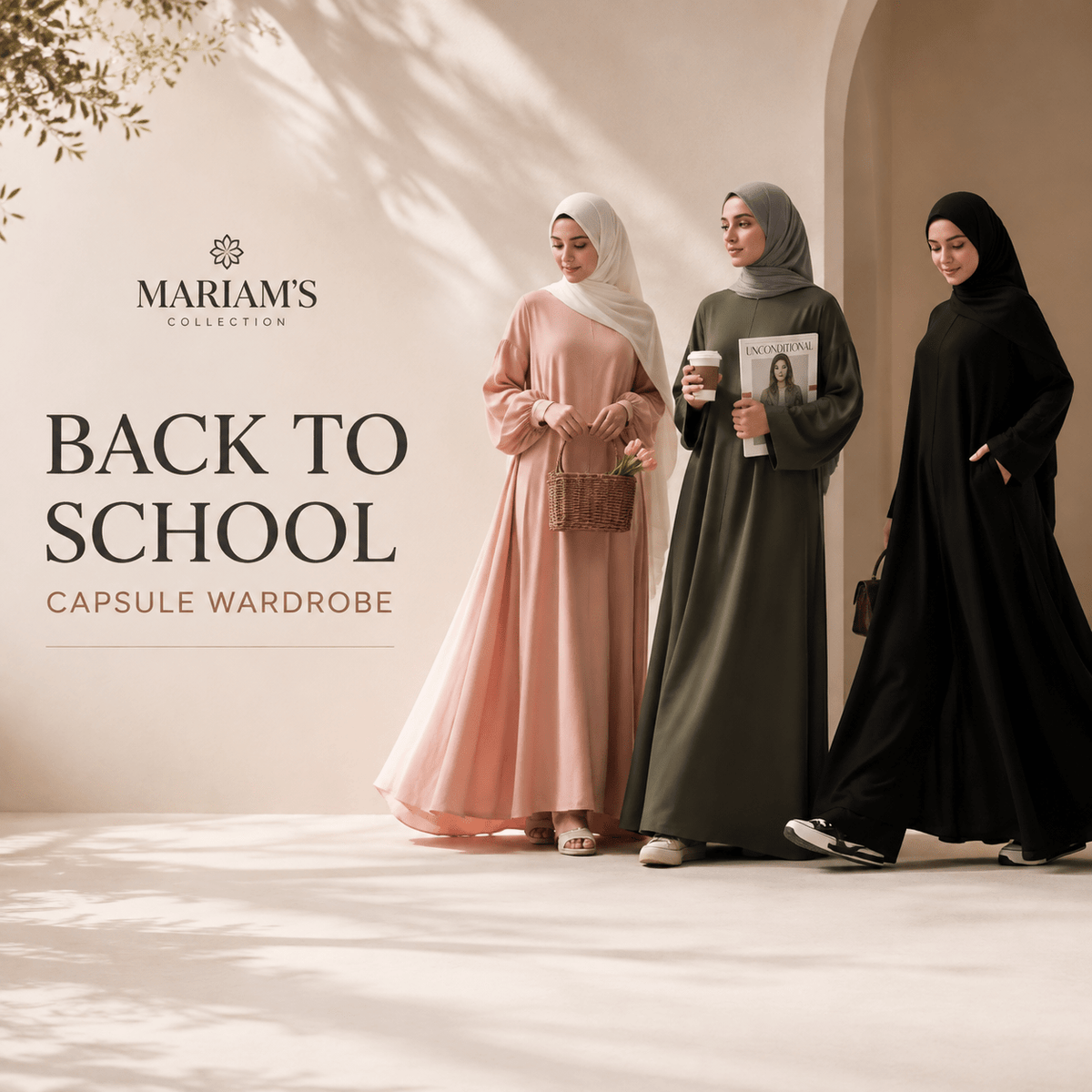 Three Muslim women wearing elegant modest abayas and hijabs in a Back to School capsule wardrobe collection by Mariam’s Collection